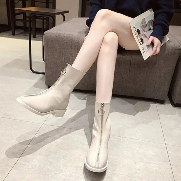 New Front Zipper Round Toe Chunky Heel All-match Mid-Cut Martin Boots - Picture 5 of 6